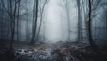 Spooky fog surrounds dark, mysterious autumn forest generated by AI