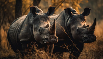 Endangered rhino grazing in African savannah sunset generated by AI