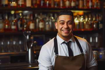 Bartender wearing apron and smiling. Confident young professional bartender friendly posing in front of bar. Generative AI.