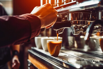 Fototapeta na wymiar Waiter in black apron stretches a cup of coffee. Professional barista working, making a coffee cappuccino. Generative AI.