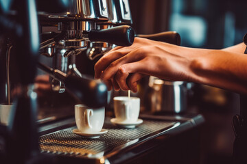 Fototapeta na wymiar Waiter in black apron stretches a cup of coffee. Professional barista working, making a coffee cappuccino. Generative AI.