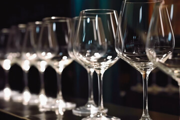 Wine glasses in a row. Pouring wine. Buffet table celebration. Generative AI.