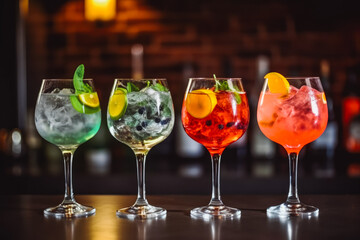 Five colorful gin tonic cocktails in wine glasses on bar. Social gathering party time concept. Generative AI. - obrazy, fototapety, plakaty