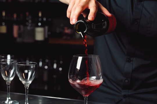 Closeup sot of bartender pouring red wine into glass. Professional bartender pouring wine for clients. Generative AI.