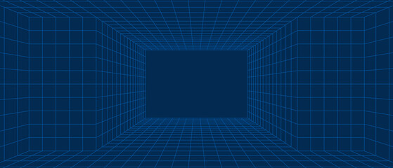 modern empty room 3d grid perspective background. neon electric blue colored