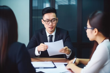 Obraz premium Business man explaining terms of contract to his clients. Closeup of business meeting with professionals. Generative AI.