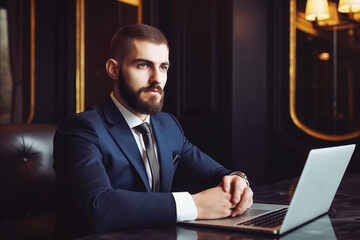 Portrait of handsome banker with laptop sitting at desk. Businessman professional serious working on computer. Generative AI