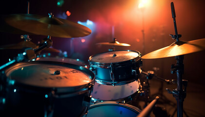Naklejka na ściany i meble Drummer plays cymbal in blue spotlight background generated by AI
