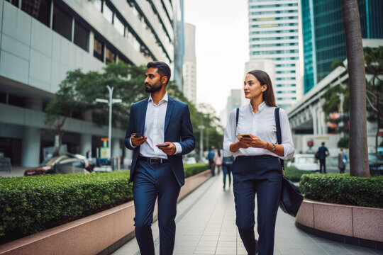 Male and female business people walk and discuss business. Modern busy life, talking business while going to work. Generative AI.