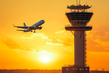 Plane landing above control tower in sunset light. Runway shot of plane taking off at sunset. Generative AI.