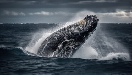 Fototapeta premium Majestic humpback breaches, beauty in nature witnessed generated by AI