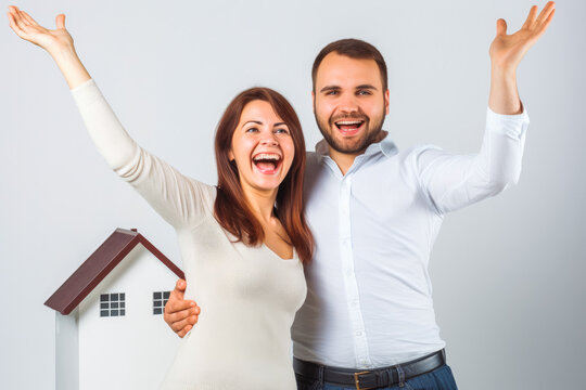Happy young couple in dream new home. Young man and woman buying new house. Generative AI.