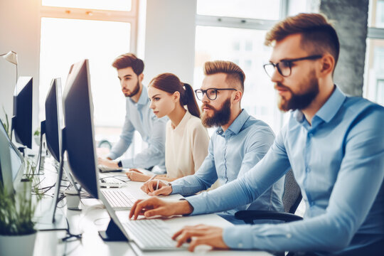 Group of businesspeople and software developers working on computers in office. Serious men and women working together. Generative AI.