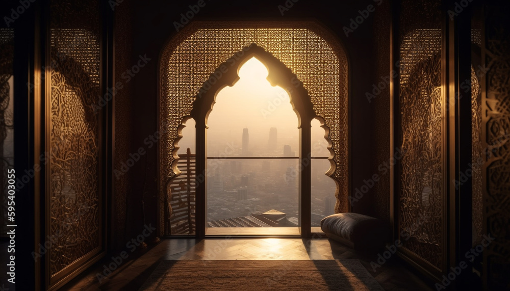 Poster ancient architecture of spirituality illuminated through window generated by ai