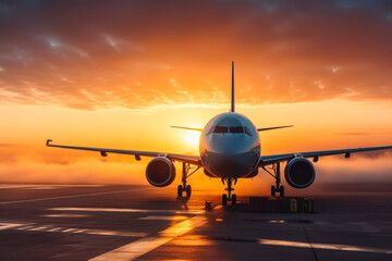 Plane on runway in sunset light. Runway shot of plane taking off at sunset. Generative AI.