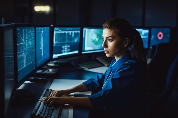 System control center woman working in Air traffic control workplace. Professional air traffic control. Generative AI
