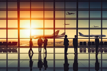 International terminal business travel transportation center. Businessmen traveling, talking at international airport. Generative AI.