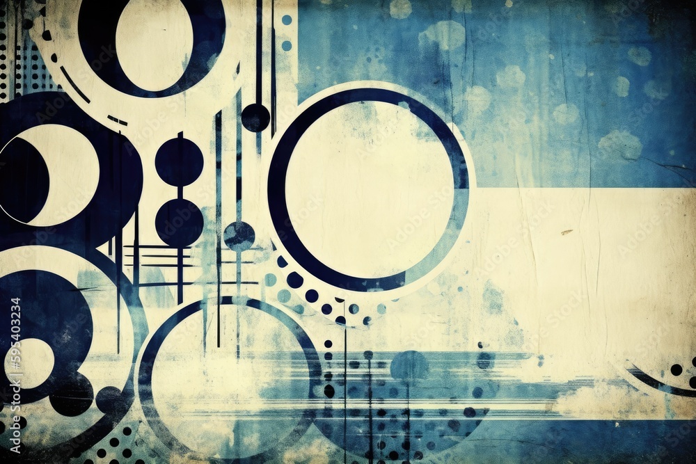 Poster an abstract painting with colorful circles and dots on a blue background. generative ai