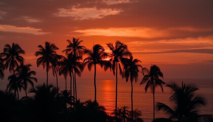 Fototapeta na wymiar Silhouette of palm tree, vibrant sunset sky generated by AI