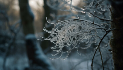 Winter branch holds dew, spider spins web generated by AI