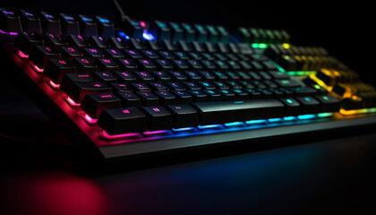 Naklejka premium Blue computer keys illuminate modern office desk at night generated by AI