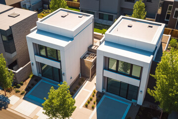 High angle view of three modern new single family homes. Morning light over residential area. Generative AI.