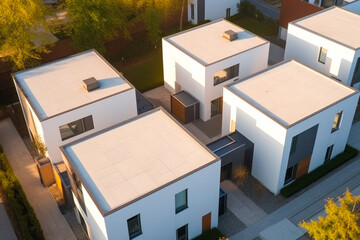High angle view of three modern new single family homes. Morning light over residential area. Generative AI. - obrazy, fototapety, plakaty