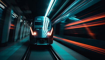 Futuristic subway train illuminates underground city life generated by AI