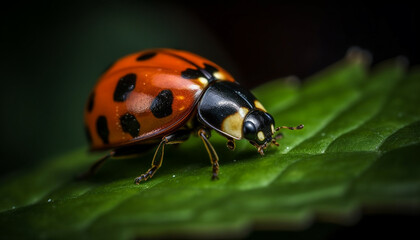 Spotted ladybug crawls on green leaf outdoors generated by AI