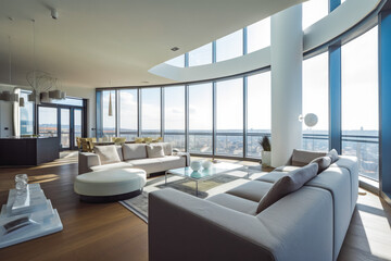 Modern penthouse in the middle of the city center. Interior shot of modern building in urban setting. Generative AI