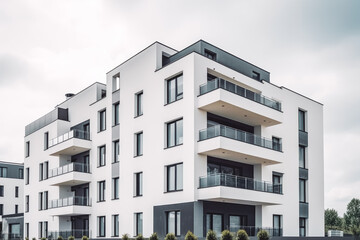 Obraz premium Modern multistory apartment building with white walls and parking spaces in front. Generative AI