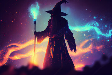 Wizard casts enchanted powerful spell in the woods. Magic wizard silhouette. Merlin with stars. High quality illustration.