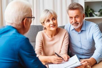 Insurance agent offers home ownership and life insurance to elderly client. Business meeting with clients. Generative AI