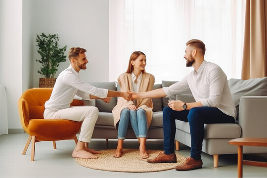Insurance agent offers home ownership and life insurance to client. Business meeting with clients, shaking hands and making a deal. Generative AI