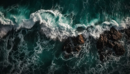 Fototapeta na wymiar Breaking waves crash on rocky tropical coastline generated by AI