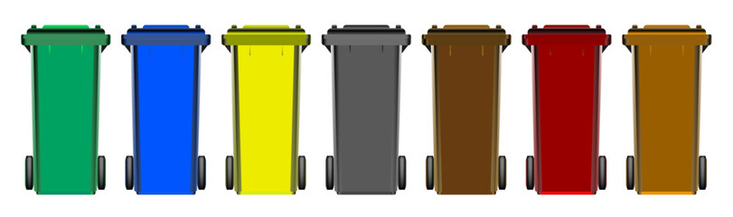 Sorting garbage into plastic colored trash cans. Vector image of garbage sorting. Caring for the environment.