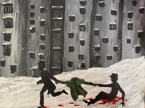 hand drawn watercolor painting; Inspirited Scene of  Gogol's novel The Overcoat