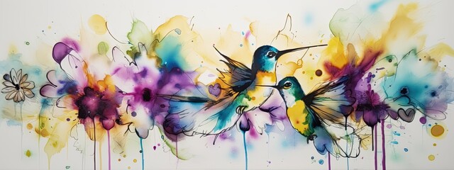 alcohol ink art of colorful hummingbirds - wide border - Generative AI art