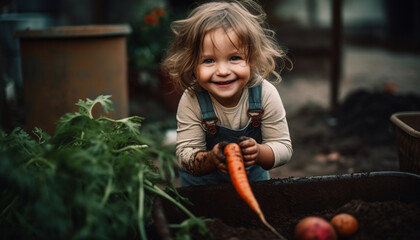 Smiling Caucasian child holding fresh vegetables outdoors generated by AI - obrazy, fototapety, plakaty