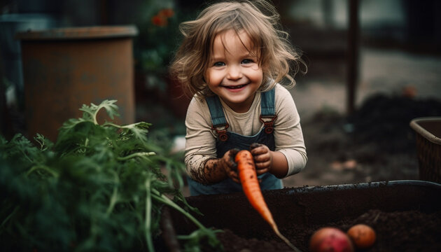 Smiling Caucasian child holding fresh vegetables outdoors generated by AI