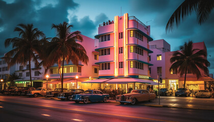 Fototapeta na wymiar Luxury cars speed through Miami nightlife streets generated by AI