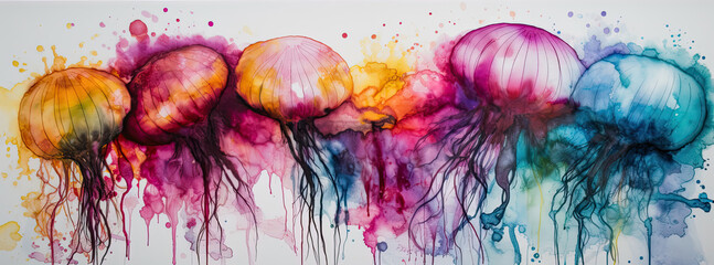 Alcohol ink illustration of colorful jellyfish in a wide border - Generative AI Art