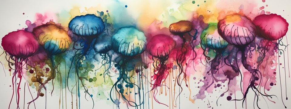 Alcohol ink illustration of colorful jellyfish in a wide border - Generative AI Art © meredith blaché 