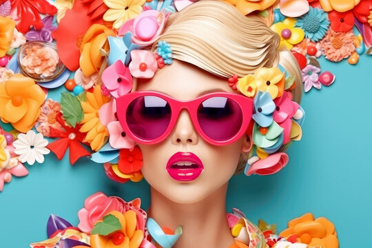 Beautiful fashion girl amazing colorful flowers decoration. Generative AI