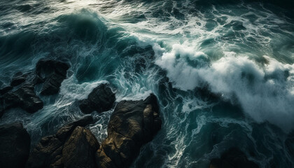 Breaking waves crash against rocky coastline, beauty abounds generated by AI