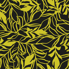 Fototapeta premium Exotic leaves seamless repeat pattern in cyber lime. Random placed, vector botany all over surface print on black background.