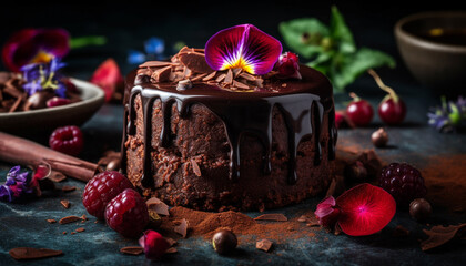 Fototapeta na wymiar Sweet chocolate dessert on rustic wooden table generated by AI