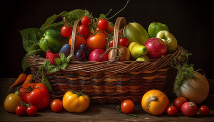 Abundance of fresh organic vegetables in wicker basket generated by AI