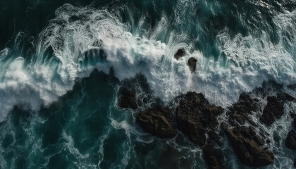 Fototapeta na wymiar Breaking waves crash against rocky coastline at dusk generated by AI