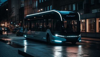 Illuminated double decker bus speeds through city streets generated by AI